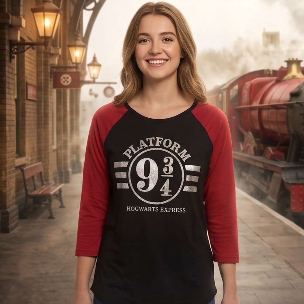 Harry Potter Jr XL Platform 9 3/4 Hogwarts Express Raglan Shirt Red Black
